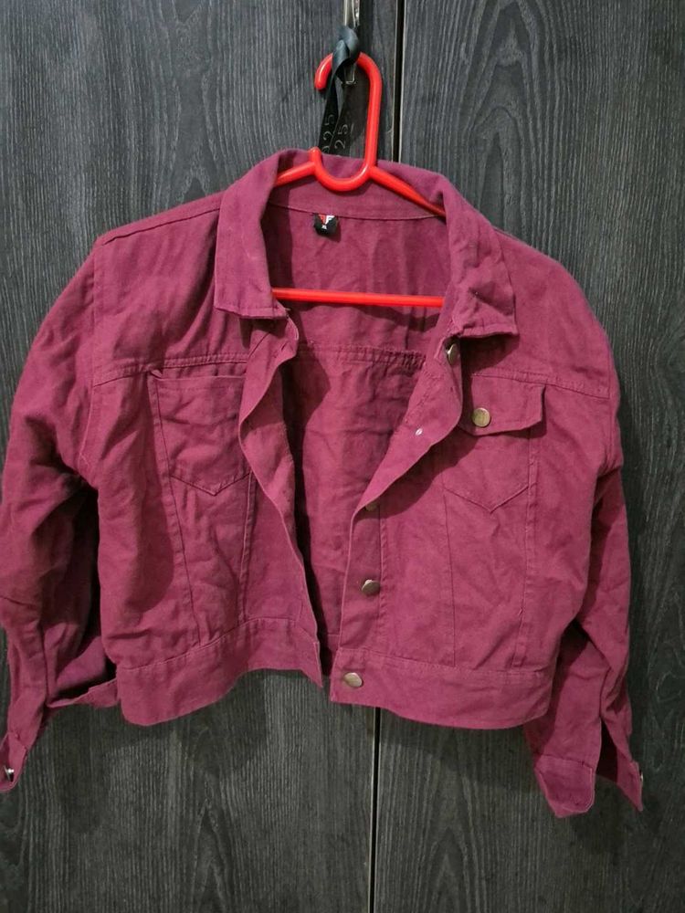 Burgundy Cropped Denim Jacket