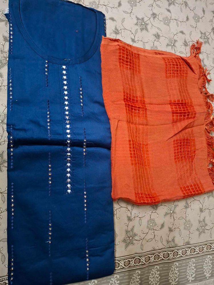 Unstitched Elegant Blue Kurta Set with Orange Dupa