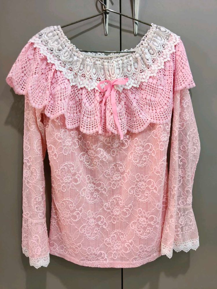 Pink Lace Top with Ruffle Neck