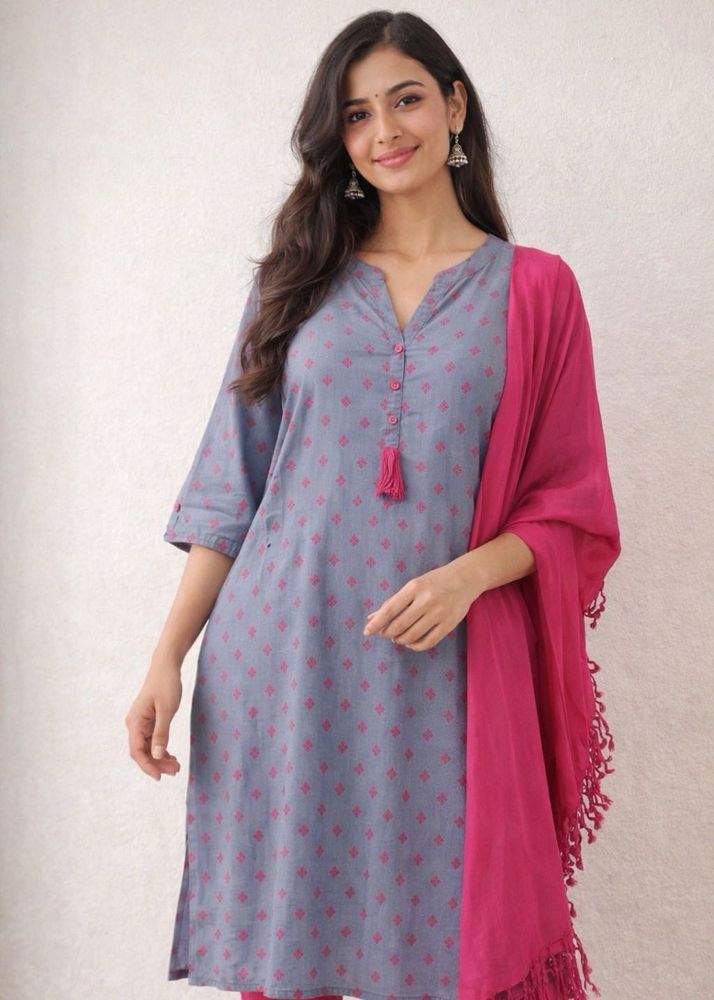 Gray Tunic Top &amp;Fushia Pink Scarf Set