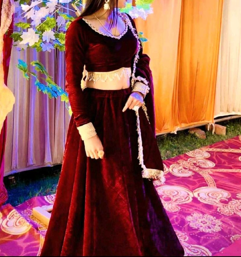 Elegant Maroon Velvet Lehenga Choli