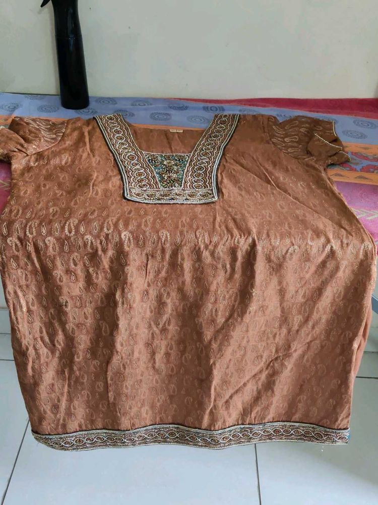 Brown Embroidered Kurta with pazami and dupatta