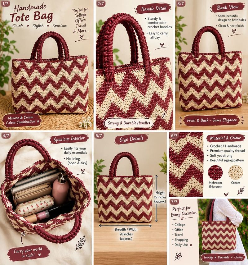 Handmade Maroon &amp; Cream crochet Tote Bag/ spacious