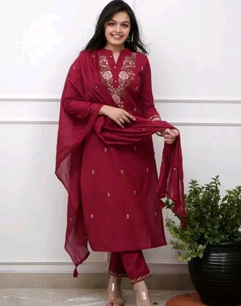 Maroon Embroidered Kurta Set