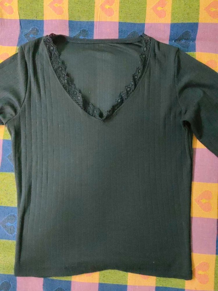 Chic Black Long Sleeve Top with Lace Detail