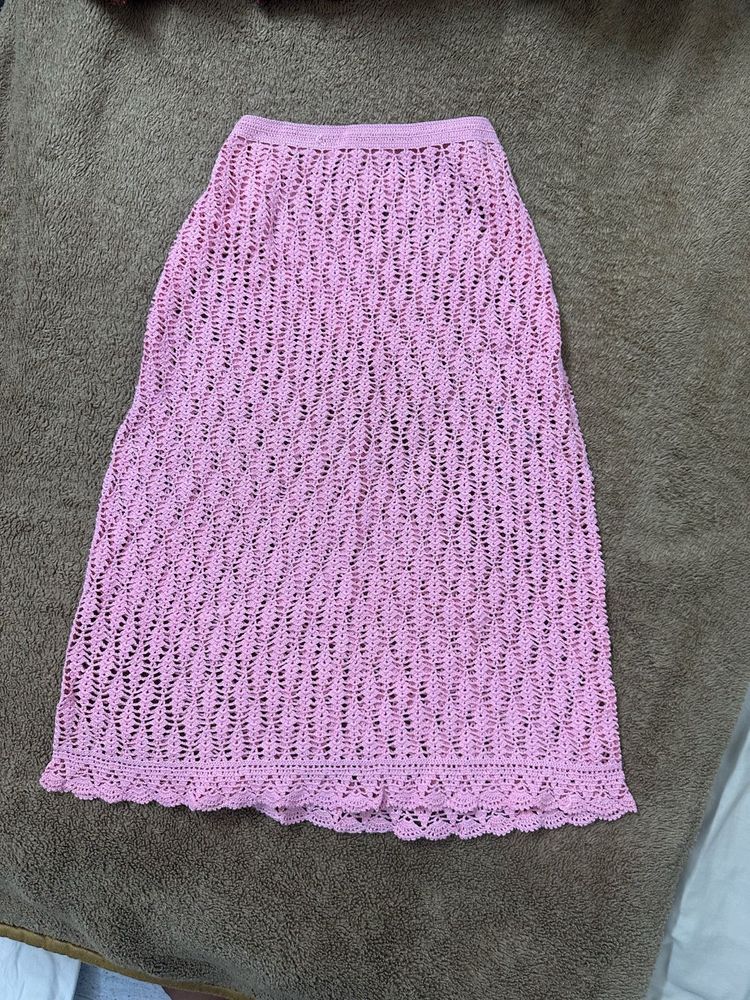 Pink Crochet see through Midi Skirt- M