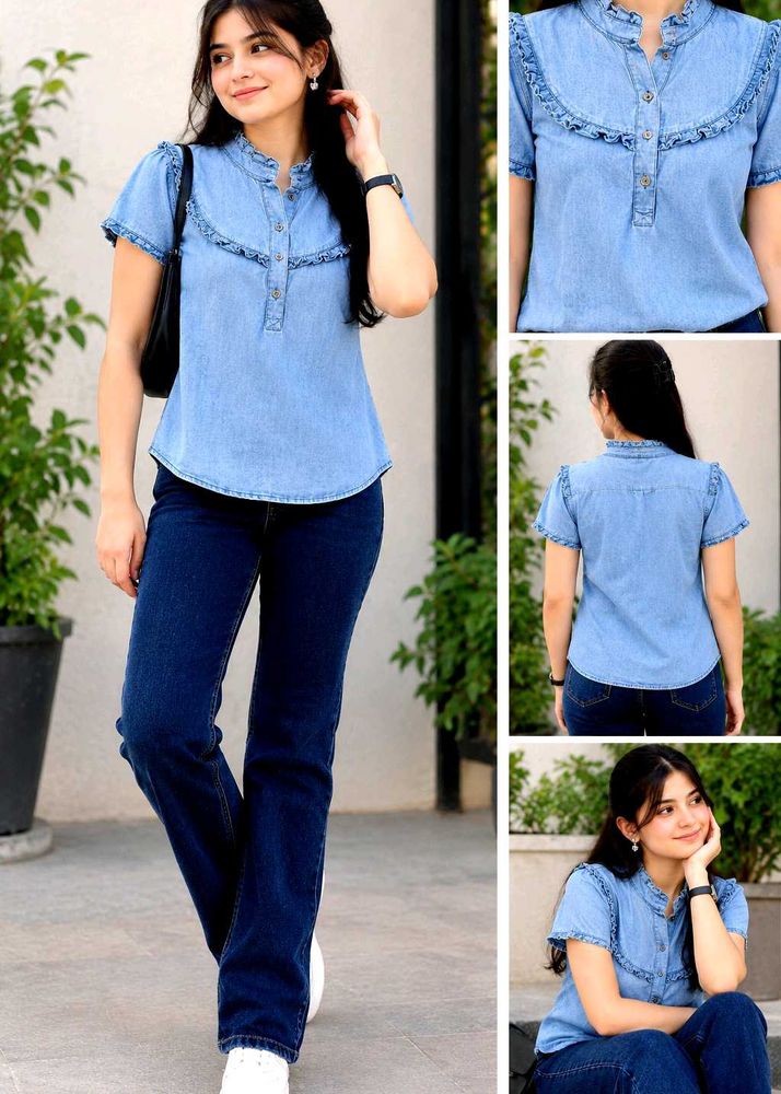Stylish Denim Ruffled Button-Up Top jeans
