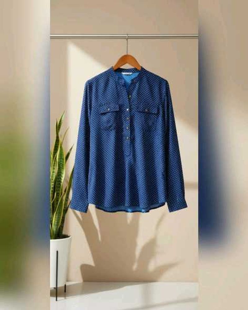 Blue Polka Dot Blouse with Pockets