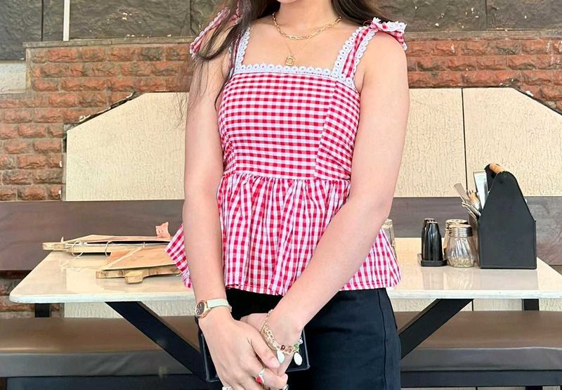 Red Gingham Square Neck Top