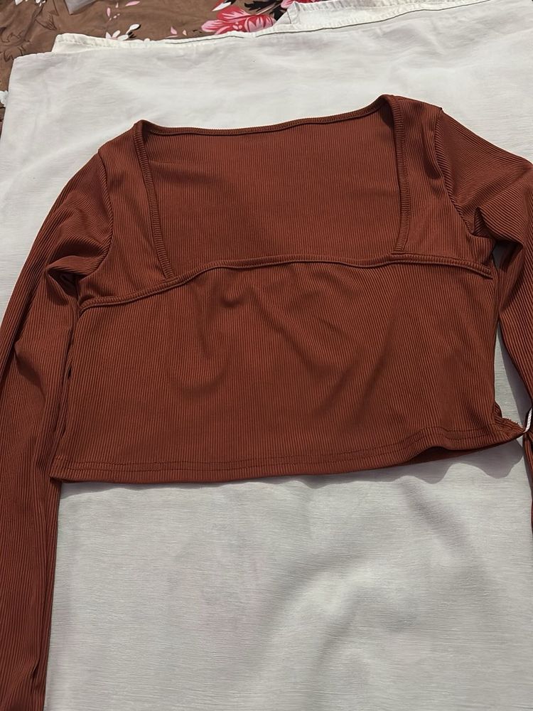 Ribbed Square Neck Long Sleeve Crop Top