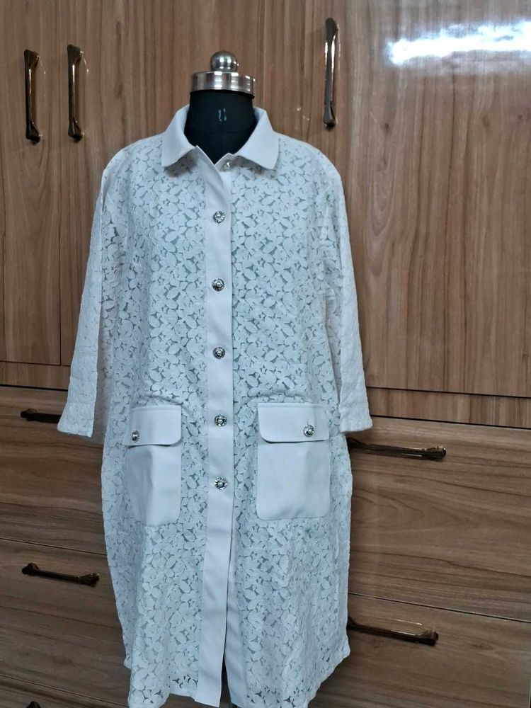 White Lace Button-Up Top ,shrug