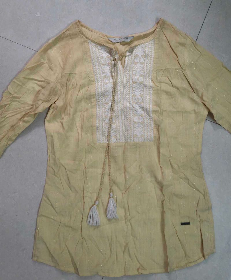 Yellow short Kurta with front dori