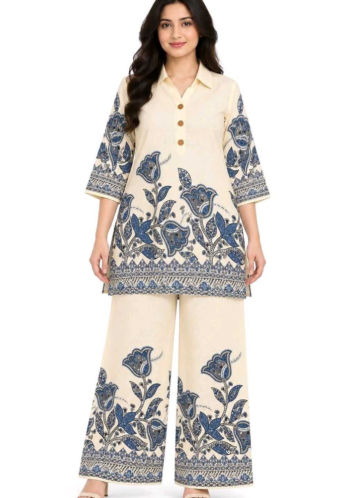 Cream Kurta Set with Blue Floral Print