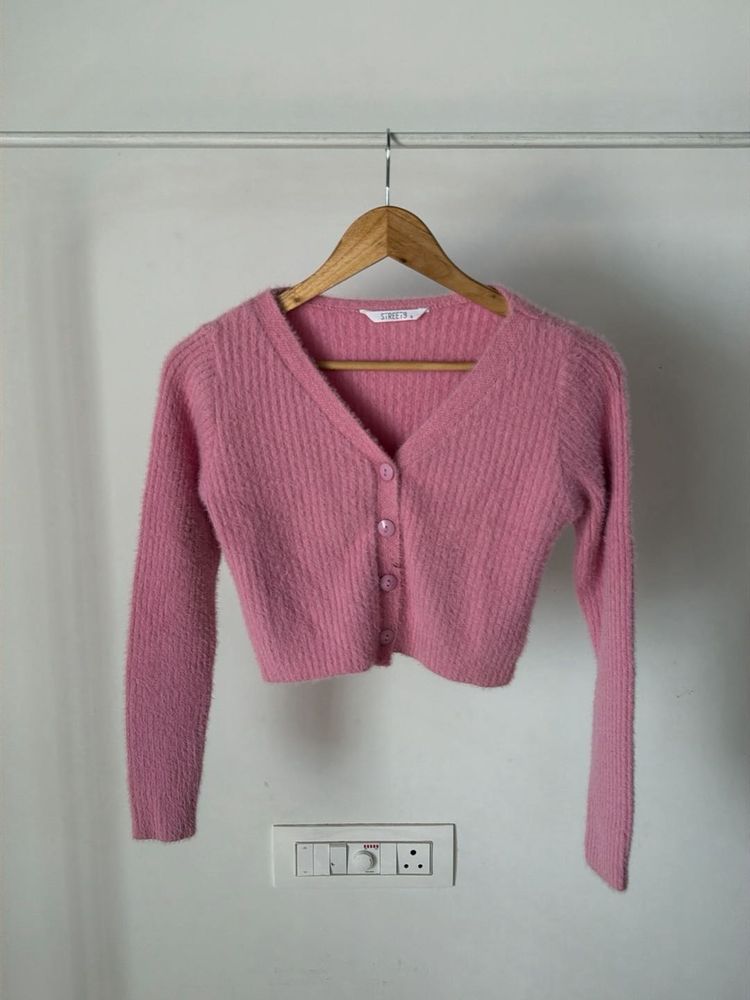 Pink Cropped Fuzzy Cardigan
