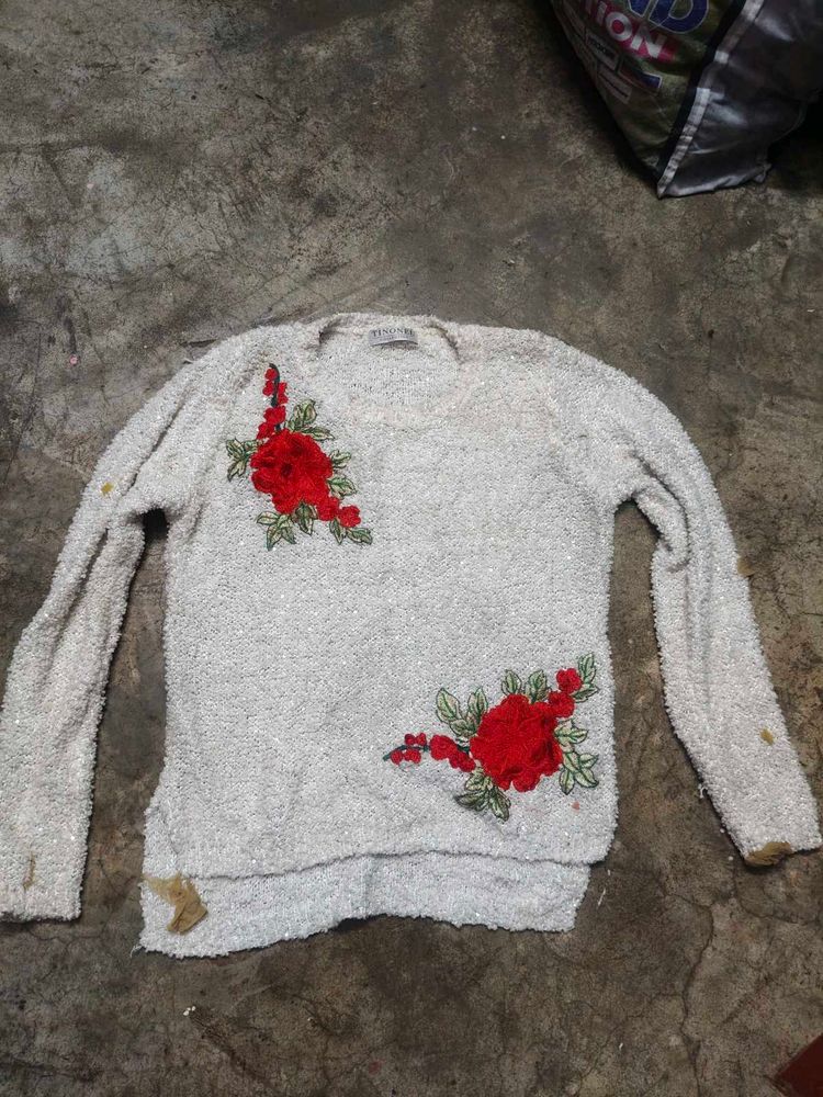 Cozy White Sweater with Red Floral Embroidery