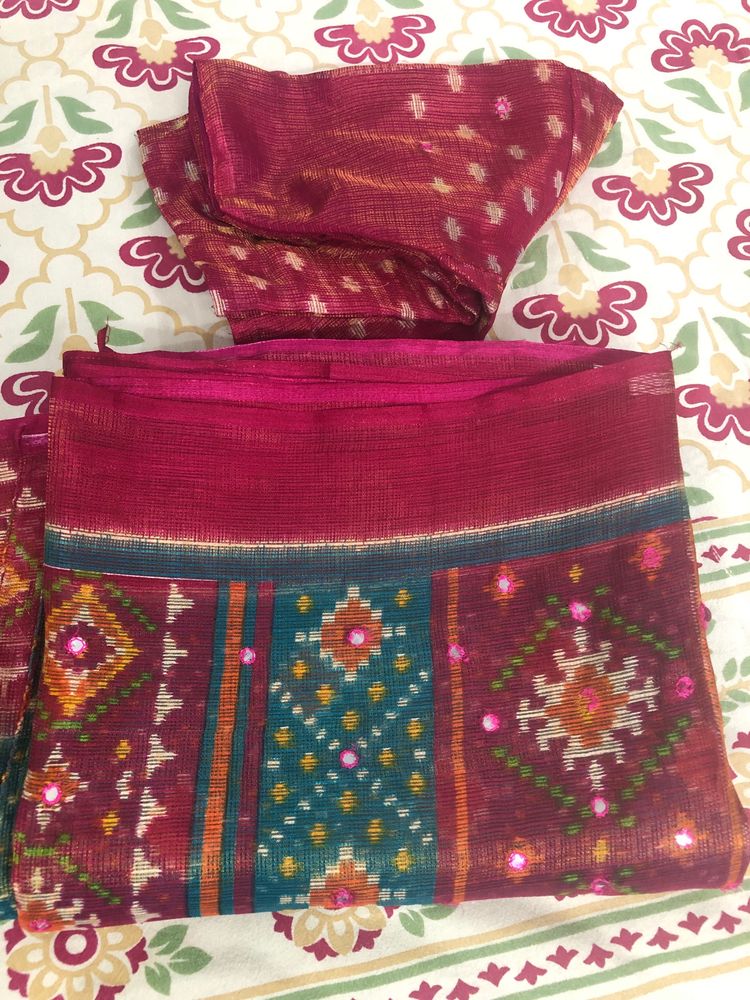 Light Weight Mirror Work Saree With Blouse