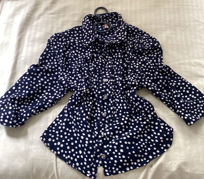 Navy Blue Polka Dot Button-Up Top
