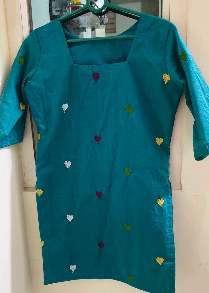 Teal Kurta with Heart Embroidery