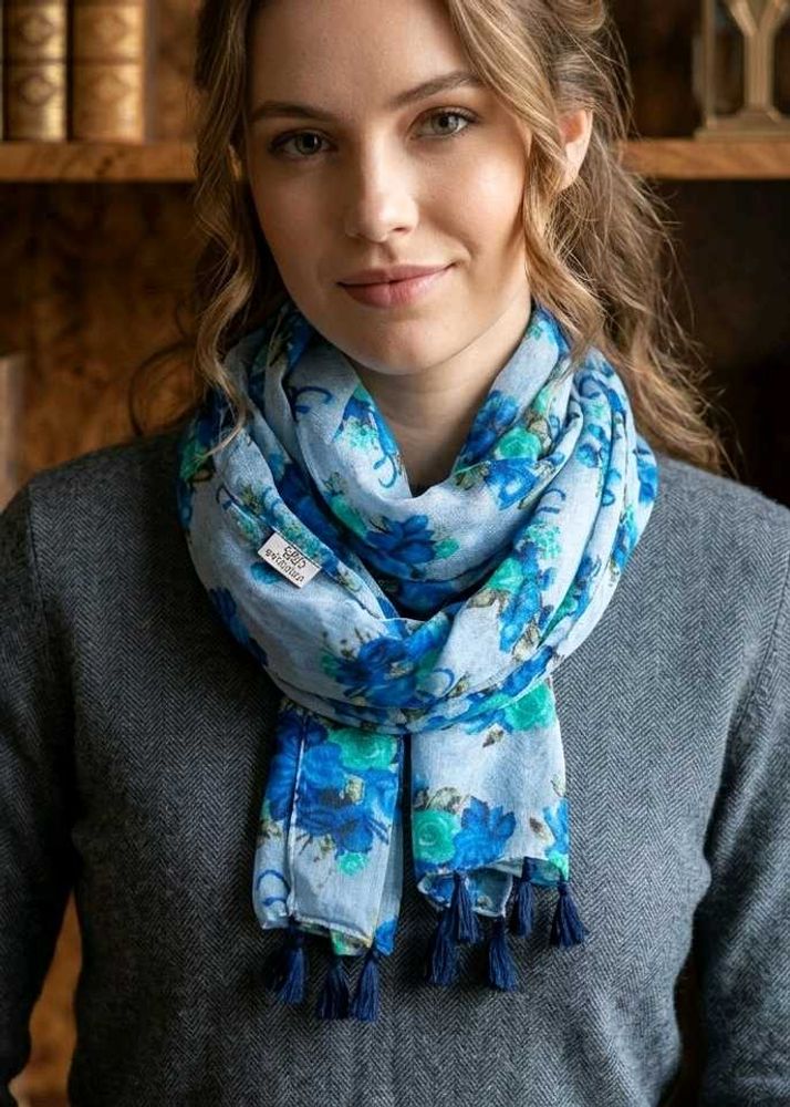 Blue Printed Chiffon Scarf With Tassels