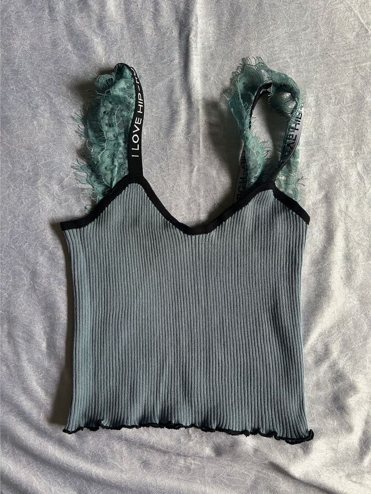 Ribbed Tank Top with Lace Straps