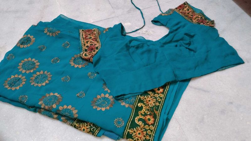Teal Saree Bronze Embroidery with blouse