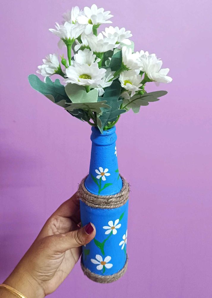 Hand-Painted Blue Daisy Bottle Vase
