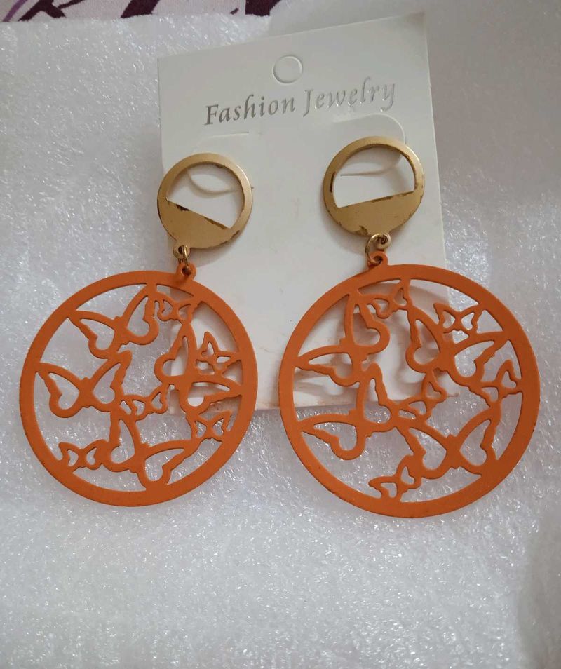 Anti tarnish Orange Butterfly Hoop Earrings