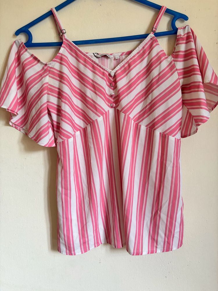 Pink &amp; White Striped Cole Shoulder Top