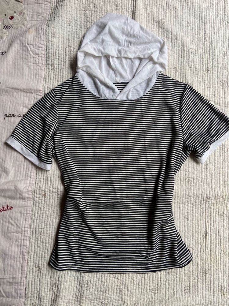 y2k Striped Hooded T-Shirt