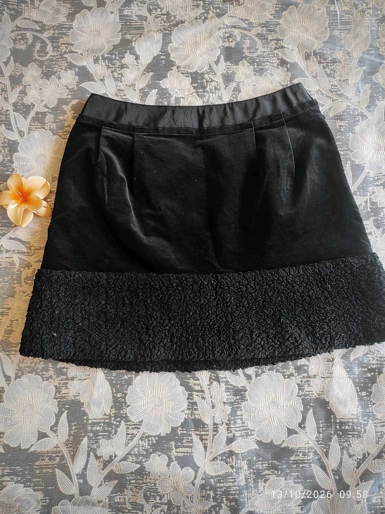 Black Velvet Mini Skirt with Sherpa Trim