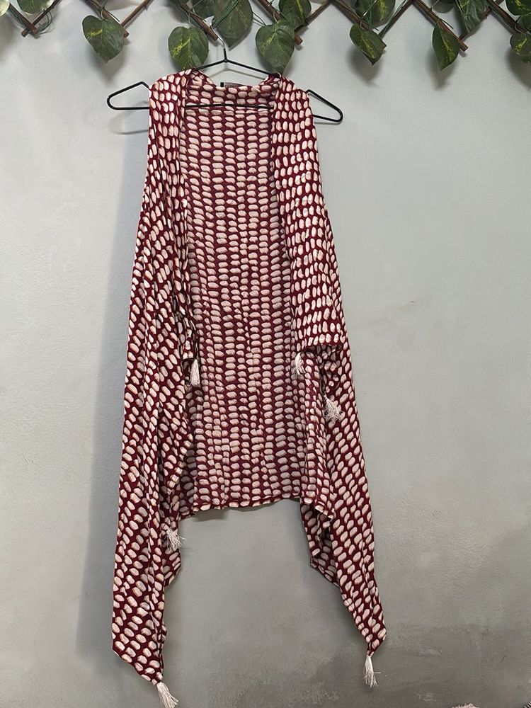 Boho Maroon &amp; White Dotted Kimono Vest
