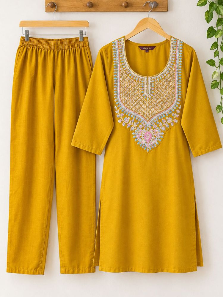 Embroidered Mustard Yellow Kurta Set