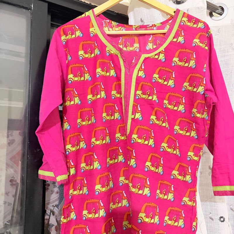 Vibrant Pink Tuk-Tuk Print Kurta