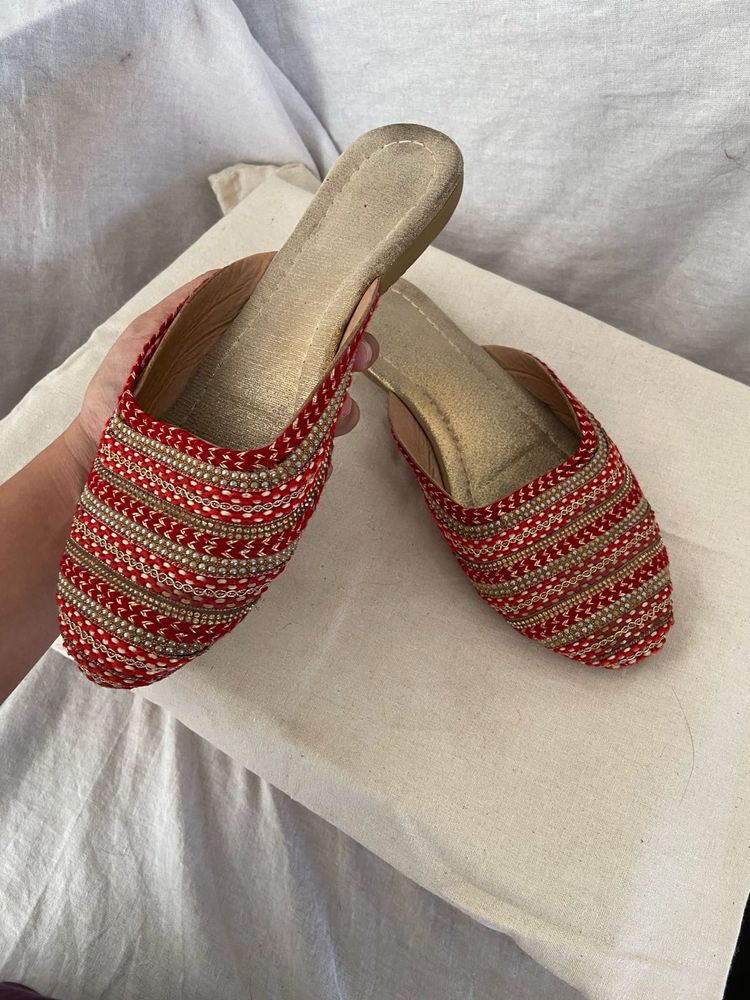 Embellished Red &amp; Gold Mules