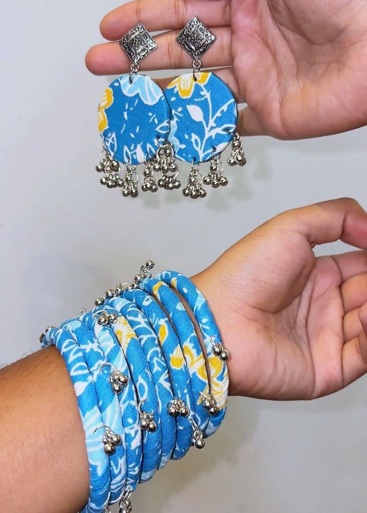 Boho Blue Floral Bangles &amp; Earrings Set