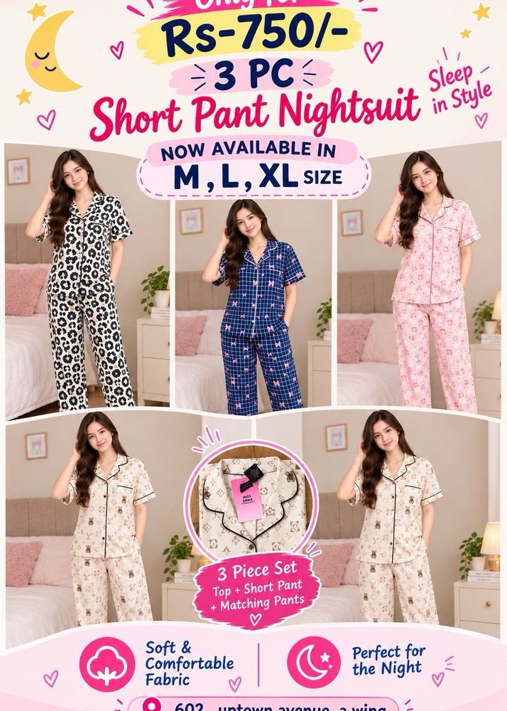 3 Pc Short Pant Nightsuit Set