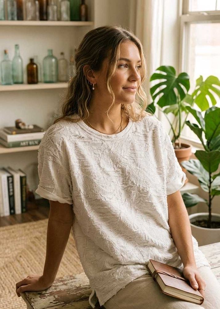 Textured Paisley Devore  White Tee