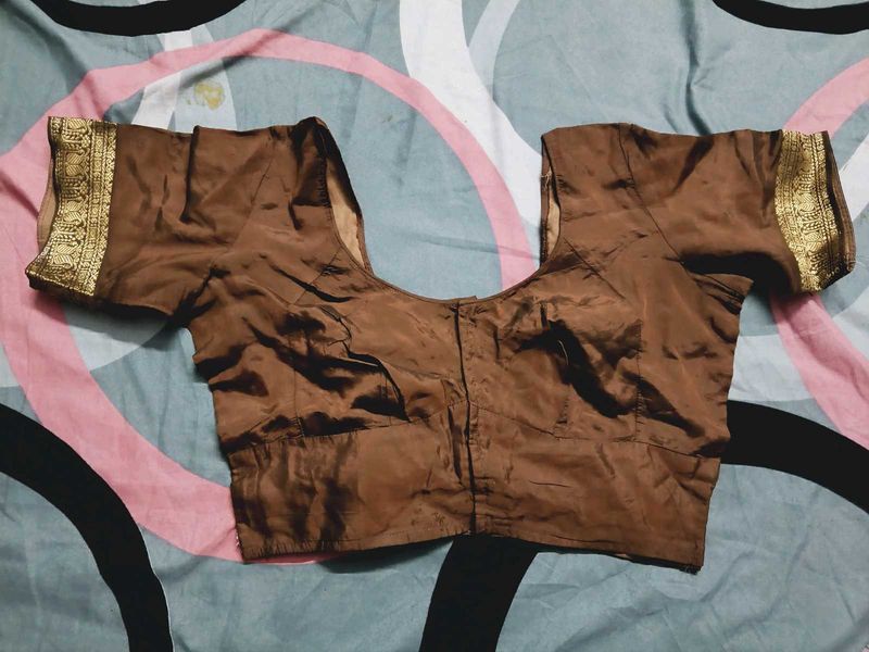 Elegant Brown Silk Blouse with Gold Trim