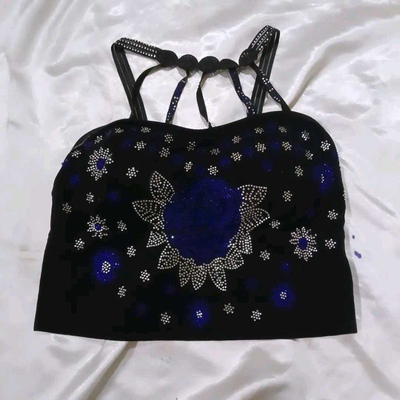 Embellished Black Blouse with Blue Accents