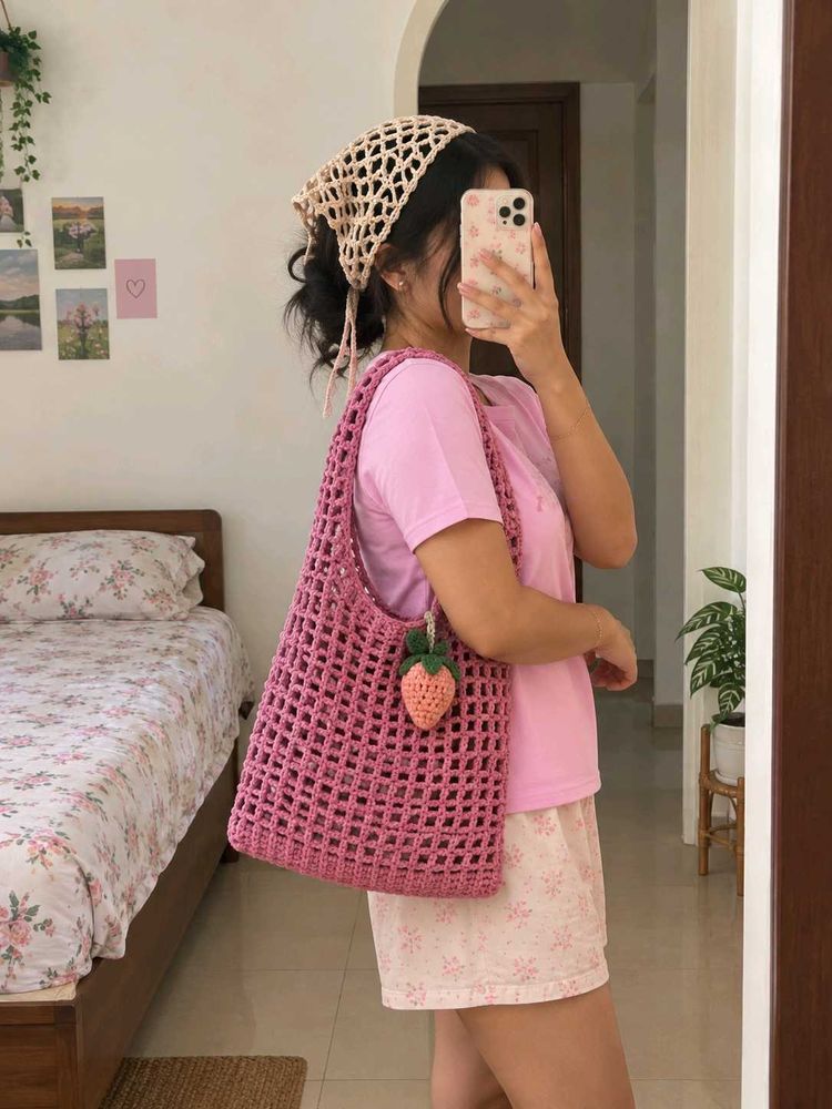 Crochet Tote Bag with Strawberry Charm