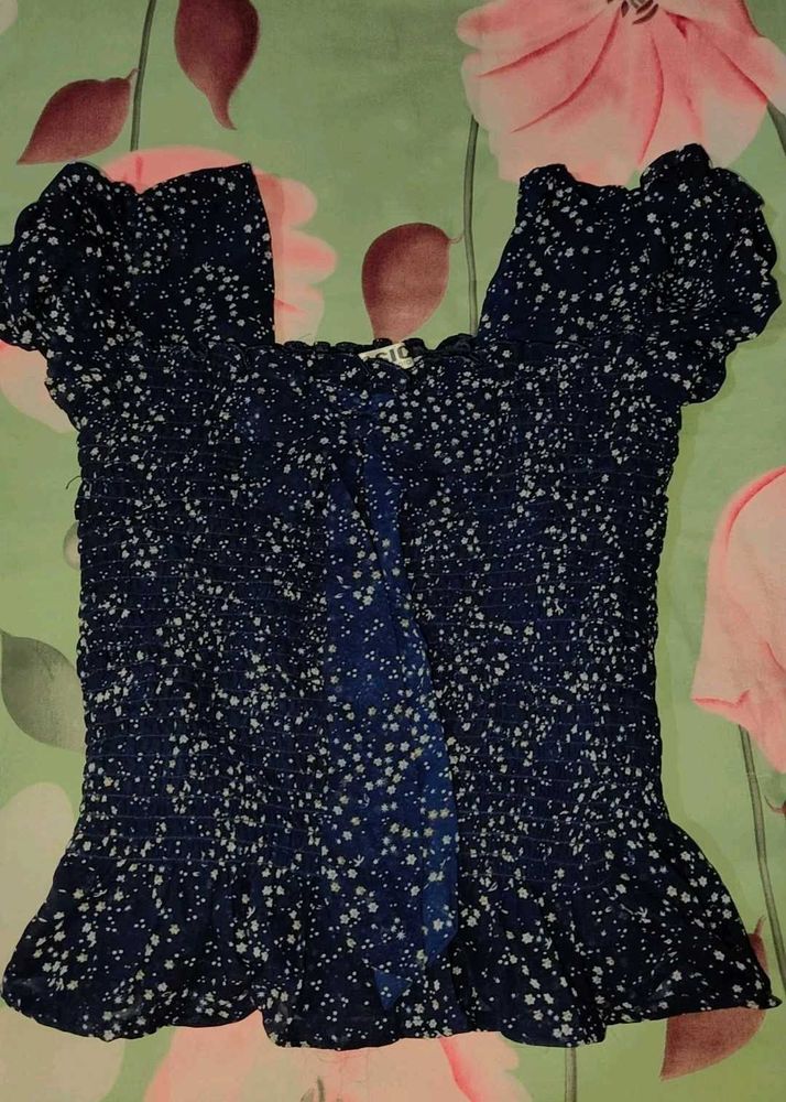Navy Blue Korean Bow Style Smocked Top – Brand New