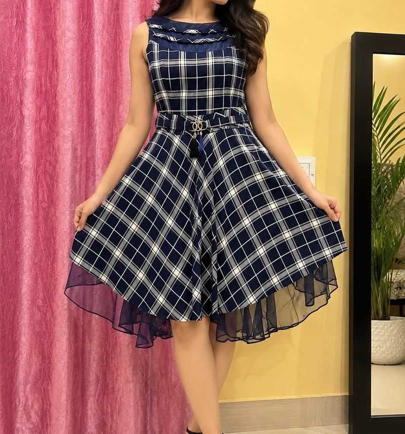 Elegant Navy Blue Checkered Dress