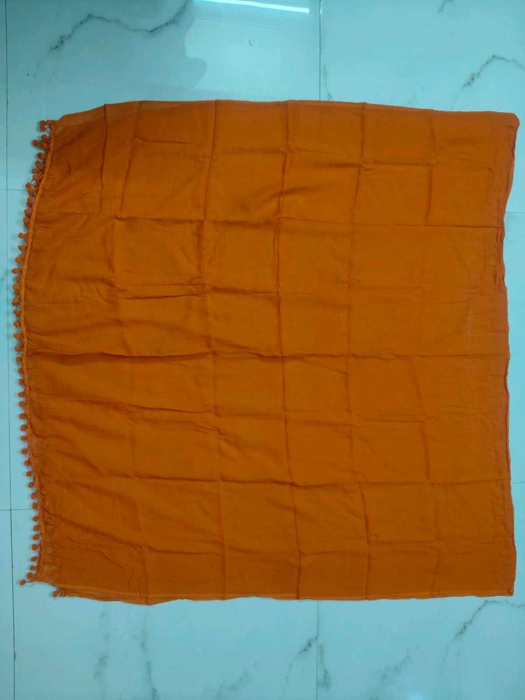 cotton Orange Dupatta with Tassel Border
