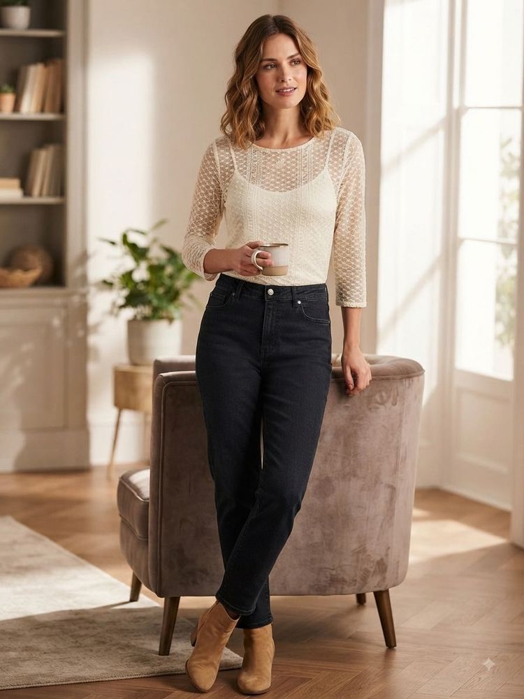 CHEMISTRY Cream  Lace Three-Quarter Sleeve Top
