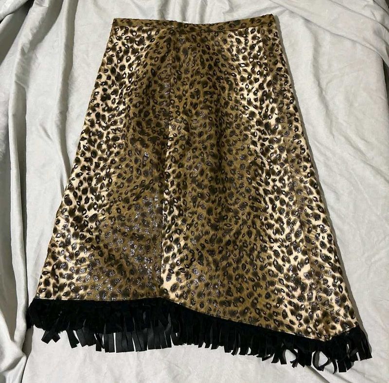 Leopard Print Skirt with Fringe