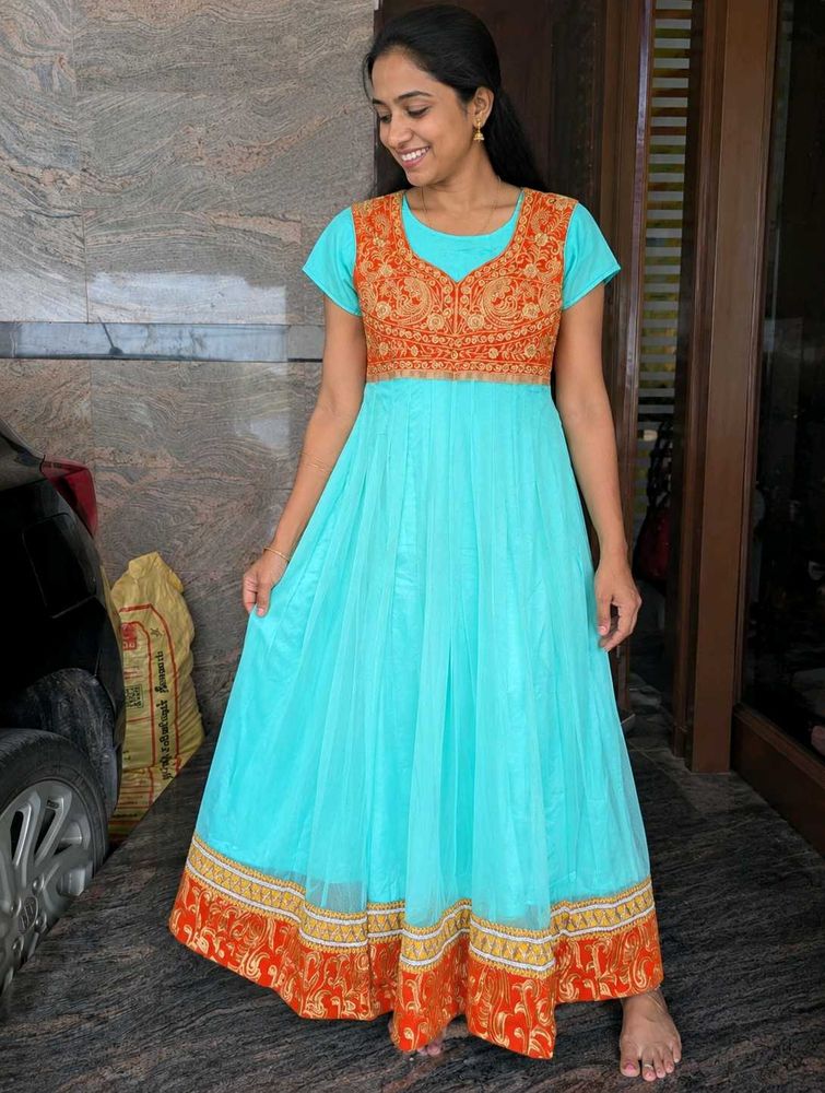 Elegant Turquoise &amp; Orange Anarkali Gown