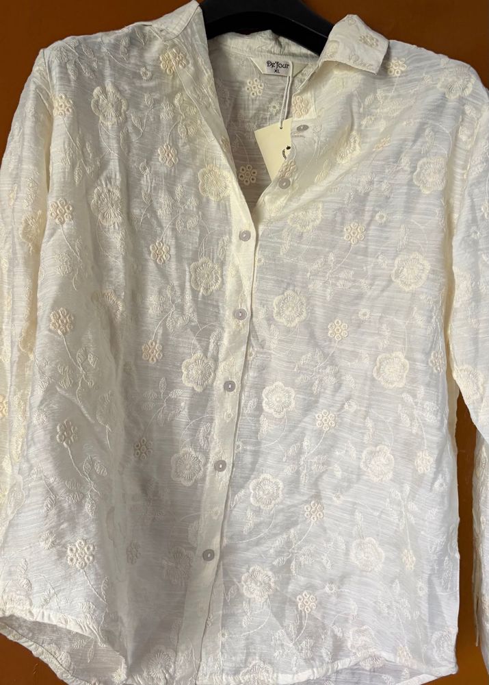 Embroidered White Button-Up Shirt