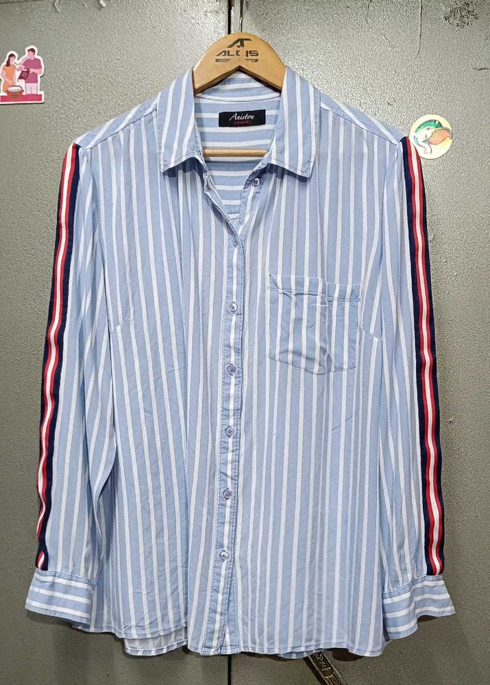 Branded Loose Fit Button Down - Blue Stripe Shirt