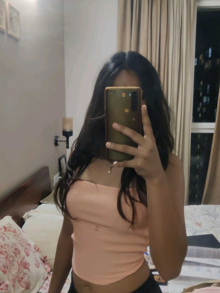 Peach Ribbed Strapless Crop Top
