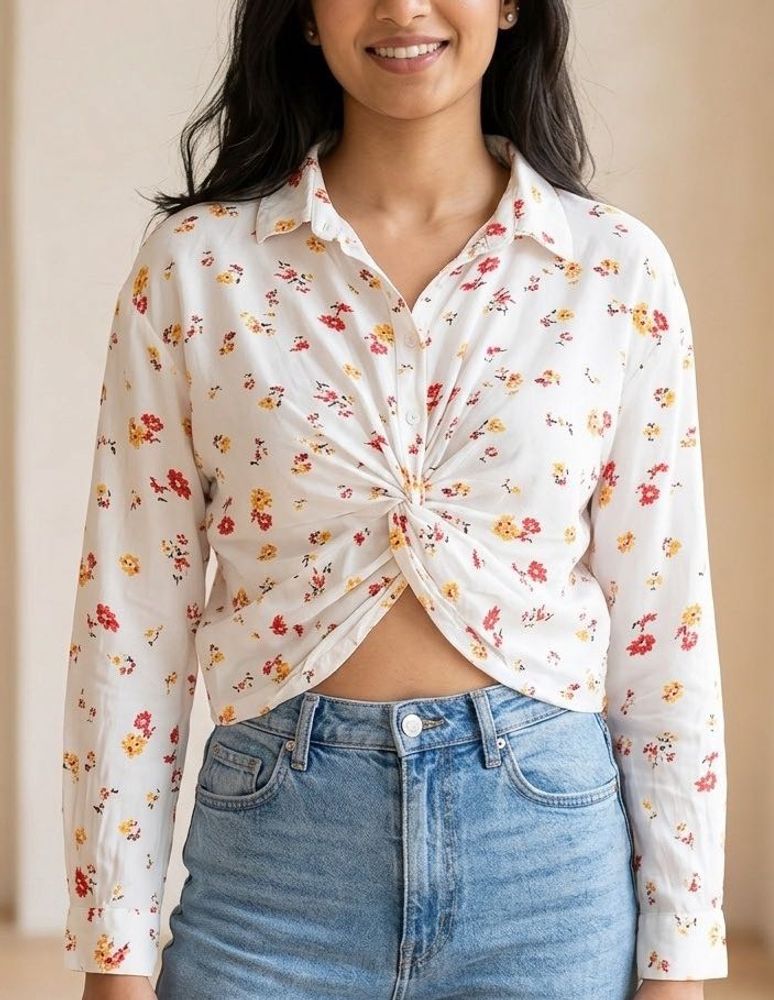 Boho Twist Front Floral Crop Shirt